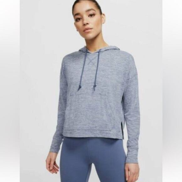 Nike Women's Yoga Jersey Crop Hoodie Sweatshirt size Large Heathered Blue Active - Picture 1 of 12